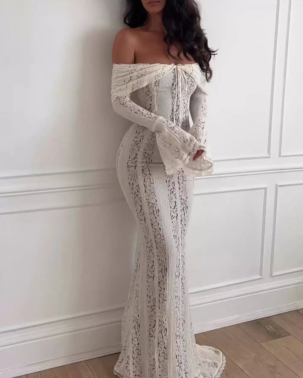 Oligai Elegant Off The Shoulder Bodycon Dress 2024 New in White Flare Sleeve Lace Maxi Dress Wedding Guest Dress for Women