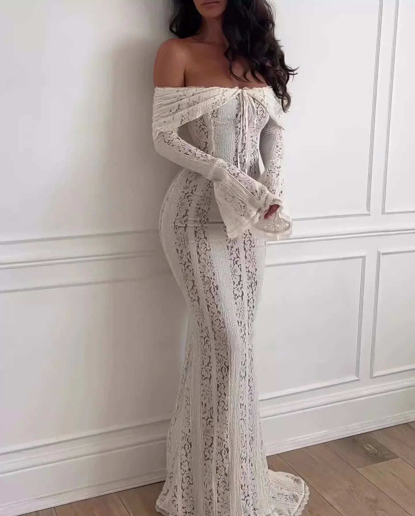 Oligai Elegant Off The Shoulder Bodycon Dress 2024 New in White Flare Sleeve Lace Maxi Dress Wedding Guest Dress for Women