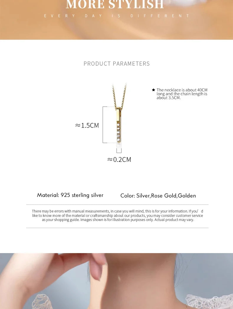 Twinkling Zircon Geometric Rectangle 925 Sterling Silver Pendant for Women Adjustable Necklace Korea Style Fine Jewelry