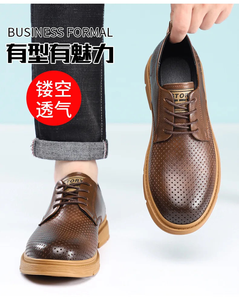 Summer Autumn New Low Top Cow Leather Shoes for Men Hallow Lace Designer Platform Shoes Male Fashion Business Casual Shoe Man