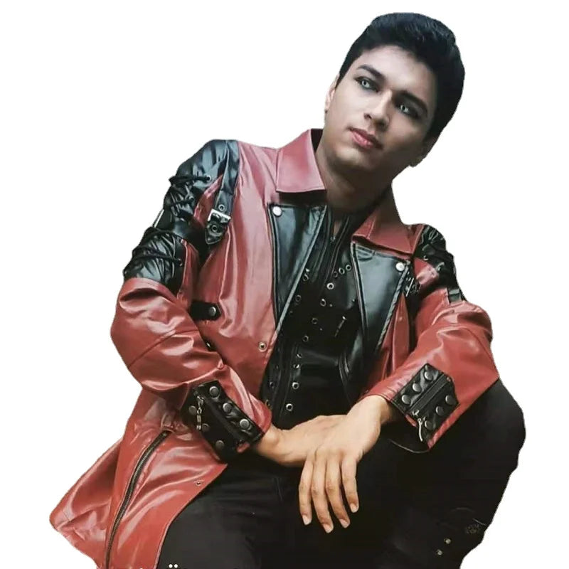 New Steampunk Men's Gothic Trench Coat Leather Jacket Punk Style Biker Jacke Autumn Winter Motocycle Jacket