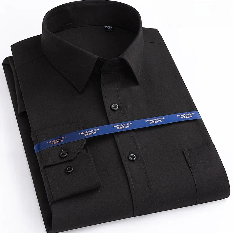 New Men Formal Shirt Long Sleeve Office Solid Color Anti-Wrinkle Fashion Business Pocket White Blue Social Pocket Shirts 6XL 7XL