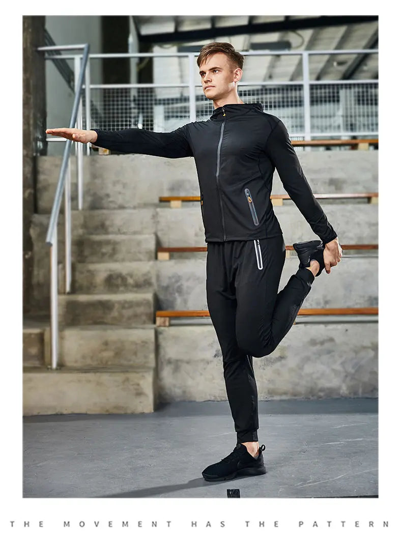 Running Jacket Hooded Jogging Tight Sportswear Quick Dry Men Reflective Training Set Gym Clothes Fitness Compression Sport Suit