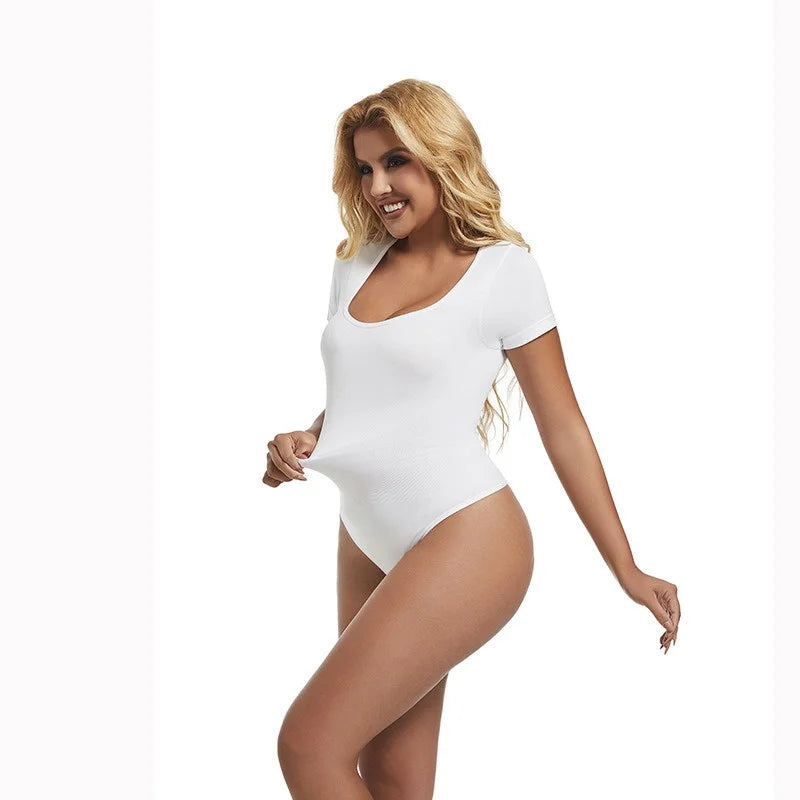 GUUDIA Short Sleeve Open Crotch Big U Neck Seamless Shapers Spandex Elastic Body Suit Shapewear Women Body Shaper Tummy Control