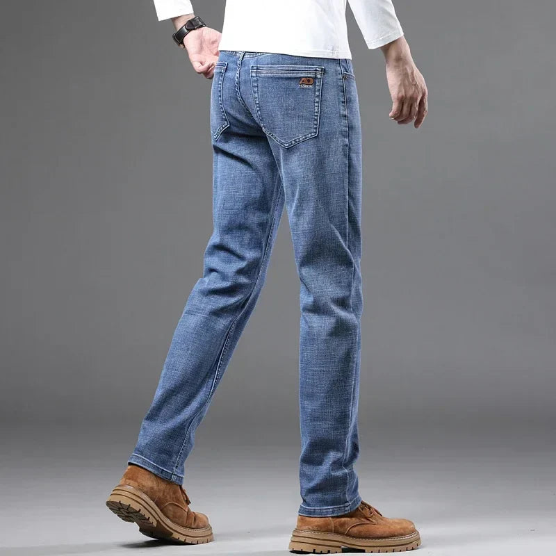 Fashion Light Blue Slim Straight Jeans Men's Spring autumn Elastic Comfortable Denim Pants Korean Casual Business Trousers