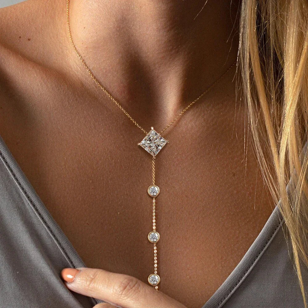 1carat Princess Cut Moissanite Lariat Necklace with Round Bubble Pendant Necklace Y-shape S925 Silver Square Neckchain for Women