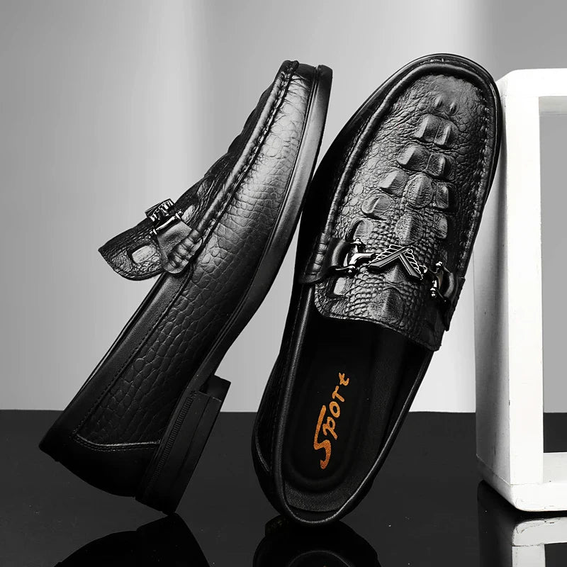 High Quality Round Toe Breathable Loafers Fashionable Brand Men's Comfortable Crocodile Patterned Casual Cowhide and Bean Shoes