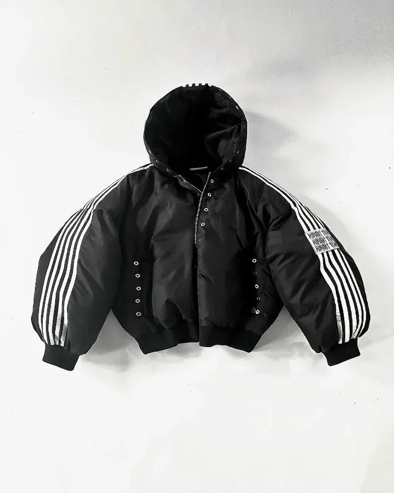 Unisex Harajuku street zip jacket, striped cotton-padded warm coat, goth hip hop style, S–XXL