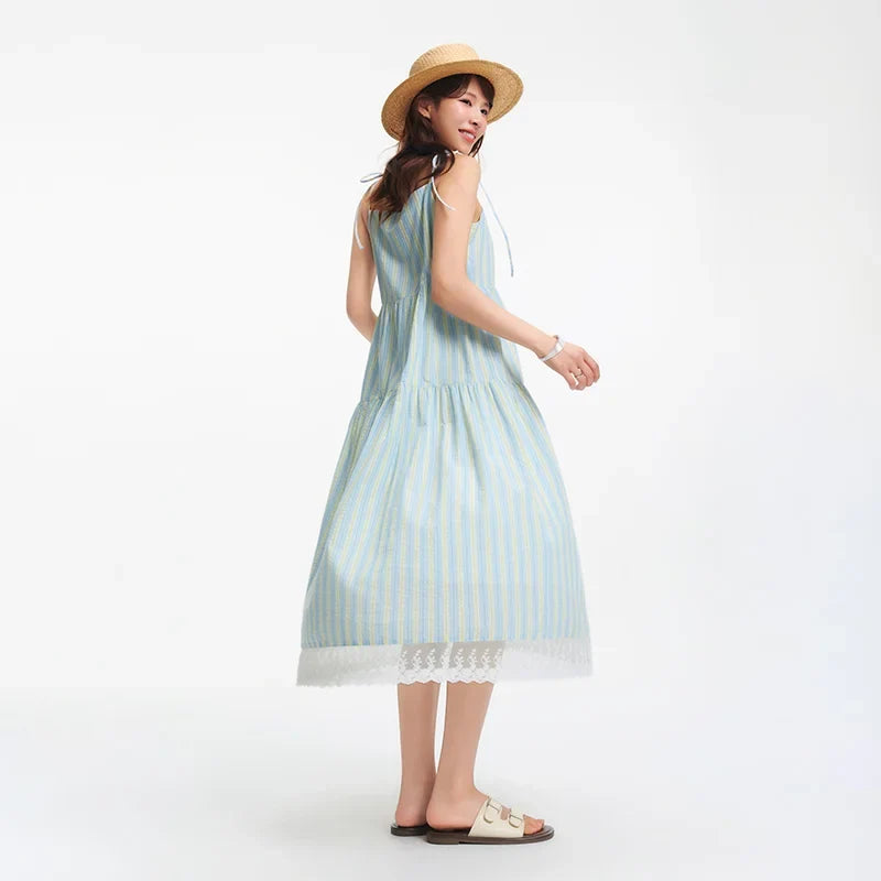 Textured Striped Dress Women Sweet 2025 Summer New Vacation Style Lace Strapless Sundress