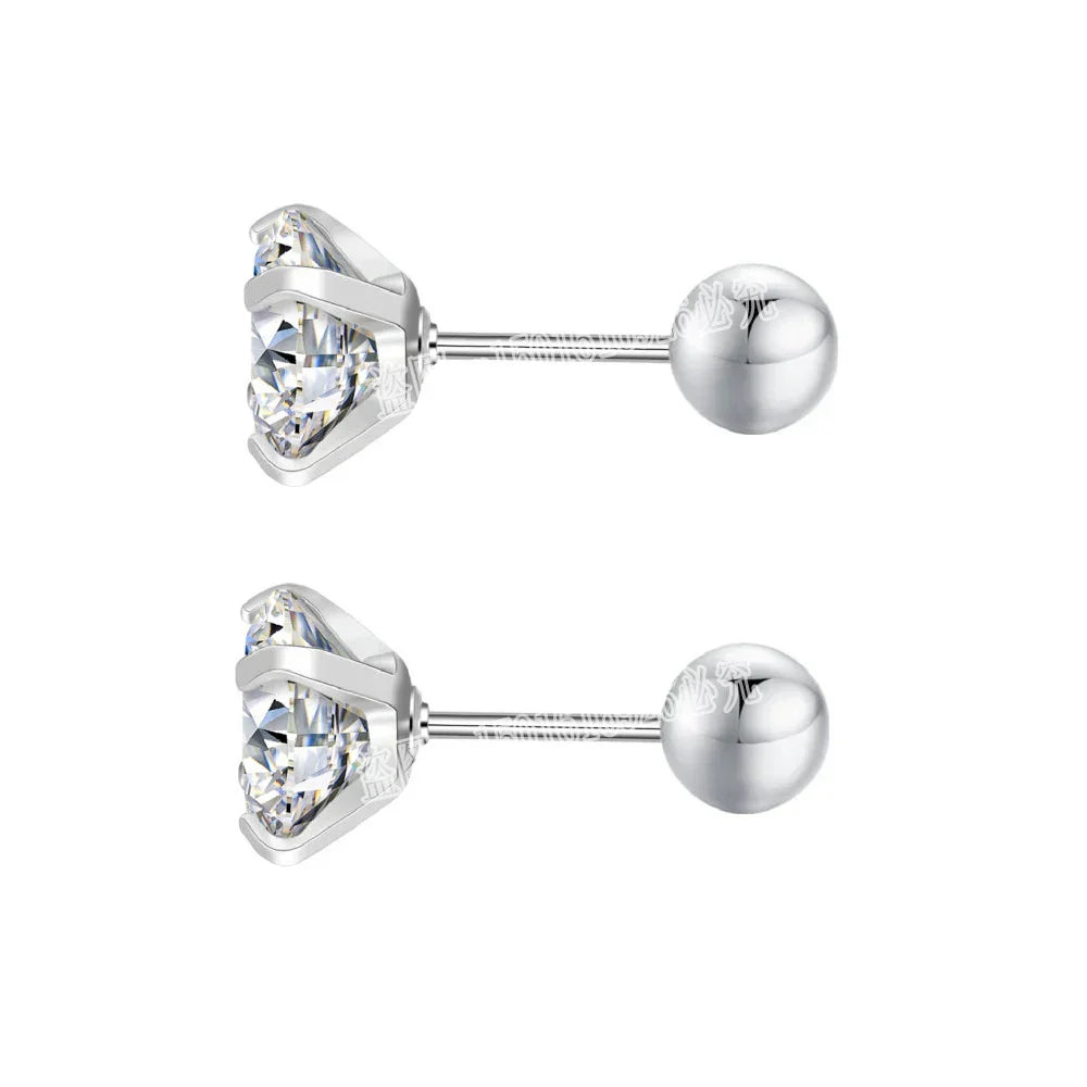 Stainless Steel 5 Style CZ Zircon Silver Color Earrings For Women Men Crystal Screw Titanium Alloy Ear Studs Round Beads Jewelry