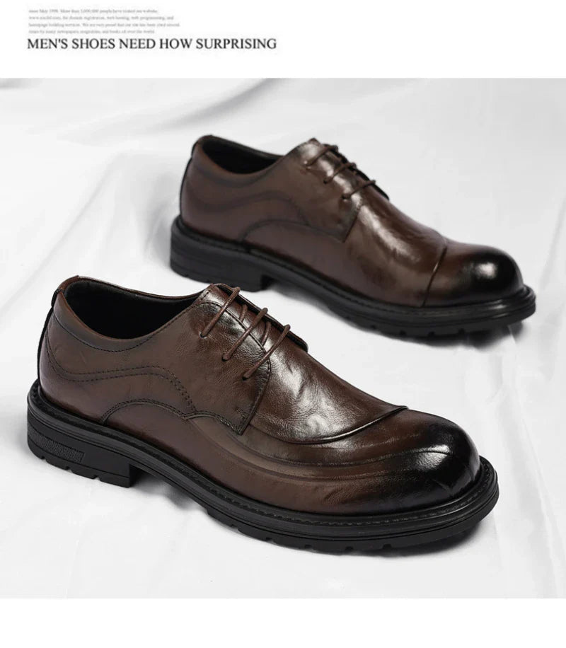 Brown Burnished Genuine Leather Lace Up Chunky Sole Formal Business Office Groom Wedding Daily Wear Shoes Fashion Comfortable