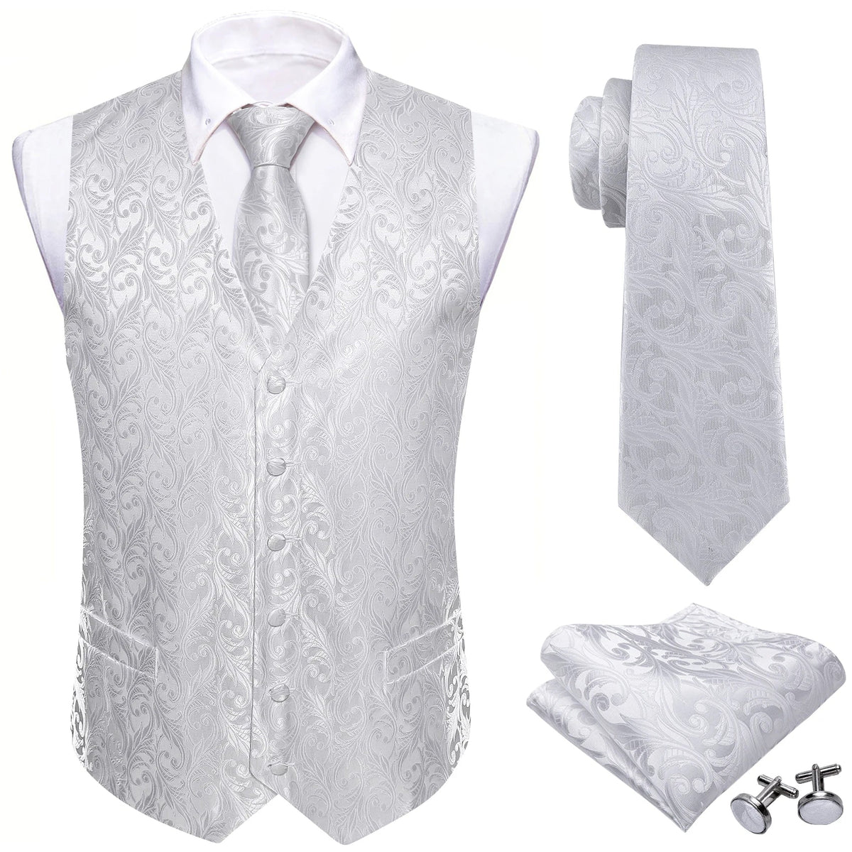 White Scroll Pattern V-Neck Waistcoat 4-In-1 Kit Tie Square Cufflinks For Bridal Shower Outdoor Wedding