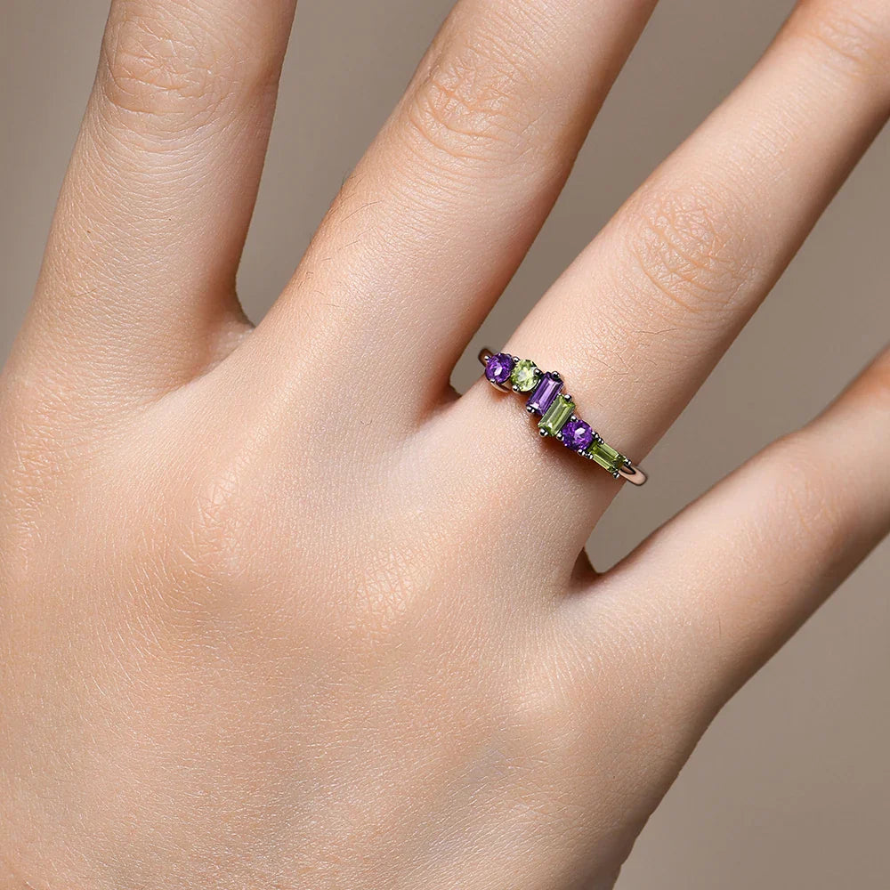 Minimalist Natural Amethyst Peridot Ring 925 Sterling Silver for Women Men Fine Wedding Party Wear Jewelry Gifts