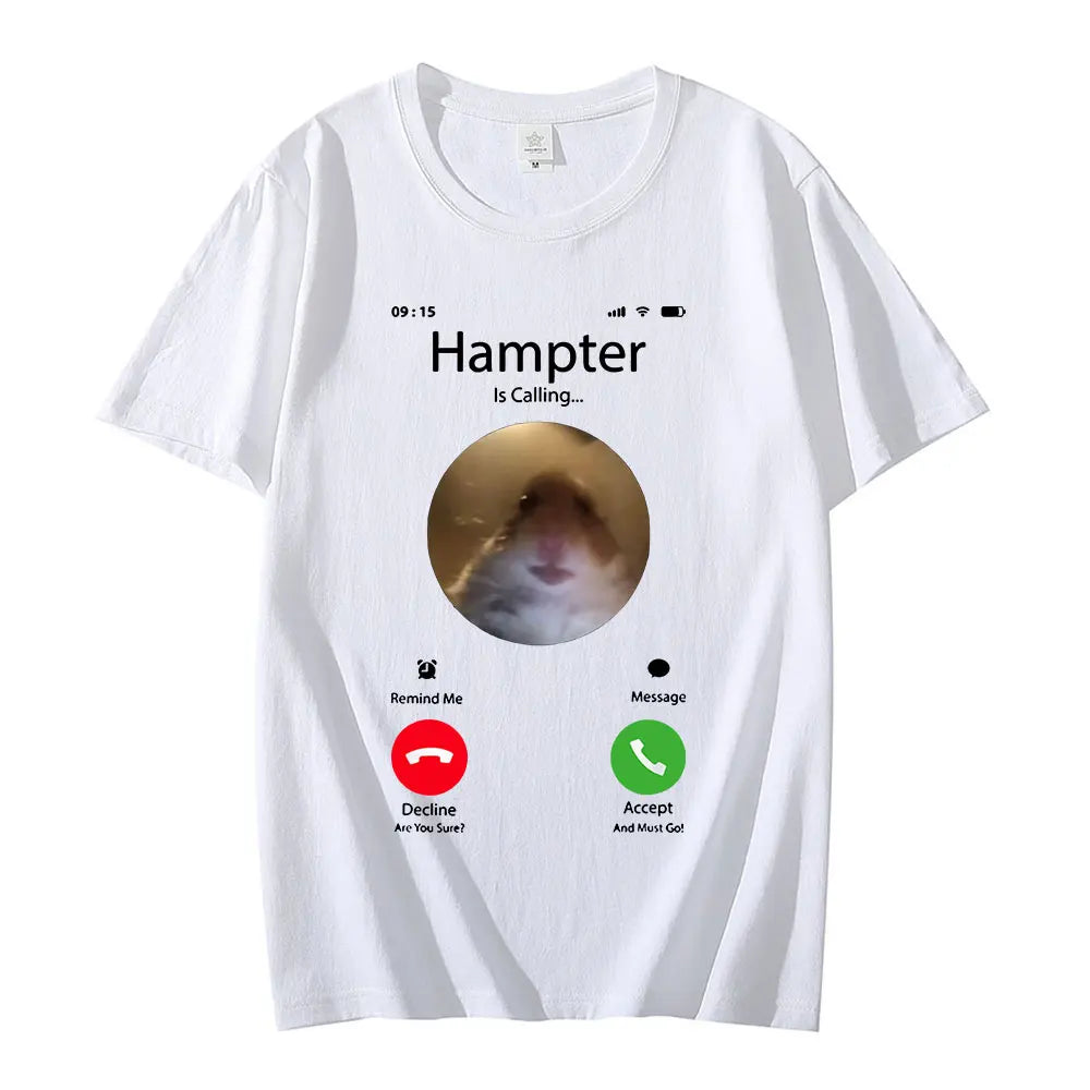 Dank Meme Hamster Staring Front Camera Hampter Calling تي شيرت أزياء بأكمام قصيرة تي شيرت كبير الحجم ملابس الشارع للجنسين