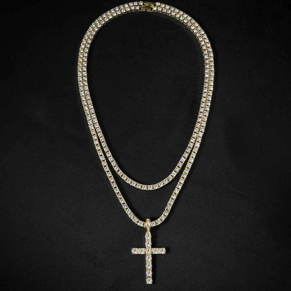 Hip Hop Iced Out Cross Pendant Necklace Strap 4mm Zircon Tennis Chain Men Women Sparkling Necklace Punk Jewelry Fashion Gift