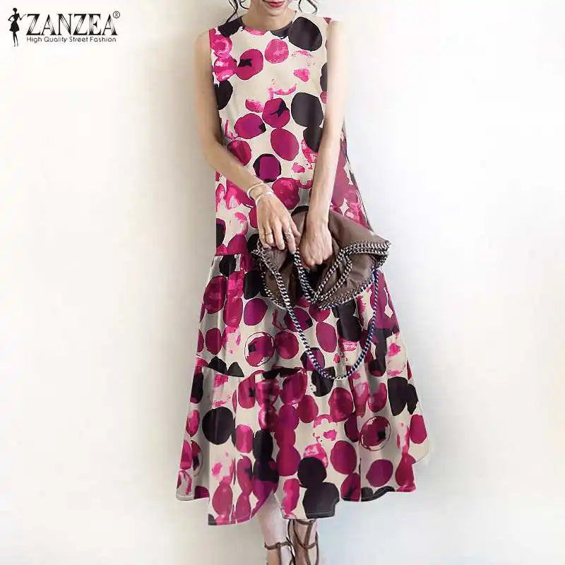 2024 Bohemian Sleeveless Summer Dresses Women Floral Printed Sundress Fashion Casual Ruffles Hem Long Vestido Robe Femme