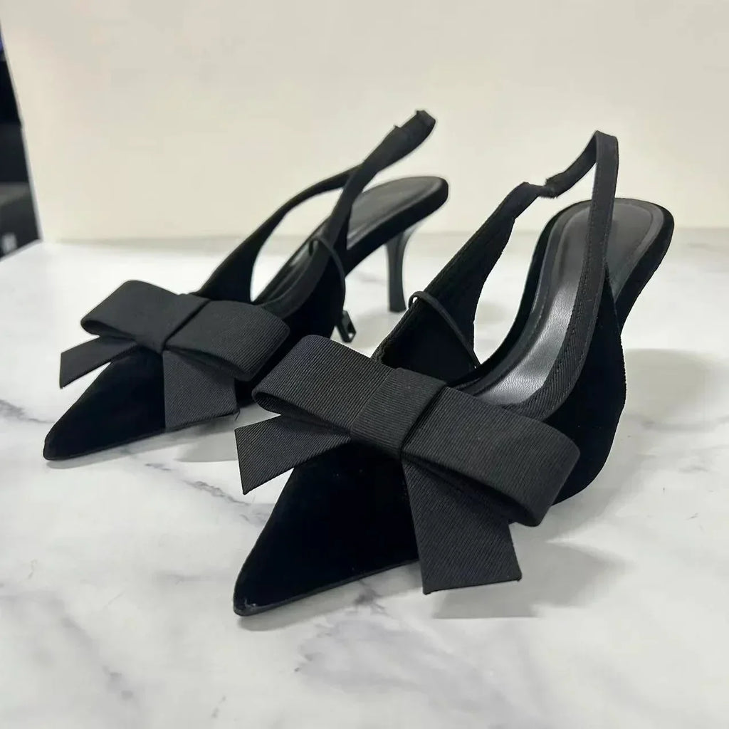 Black Velvet Butterfly-knot Designer Heeled Sandals Women Sexy Pointed Toe Slingbacks Women Pumps Elegant Party Dress High Heels