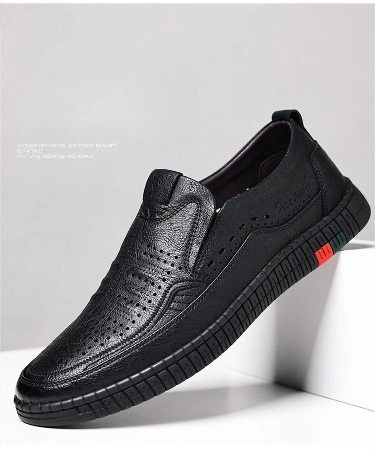 Summer New Breathable Hallow Leather Shoes for Men Solid Color Fashion Casual Driving Shoes Male Low Top Flat Shoes Man