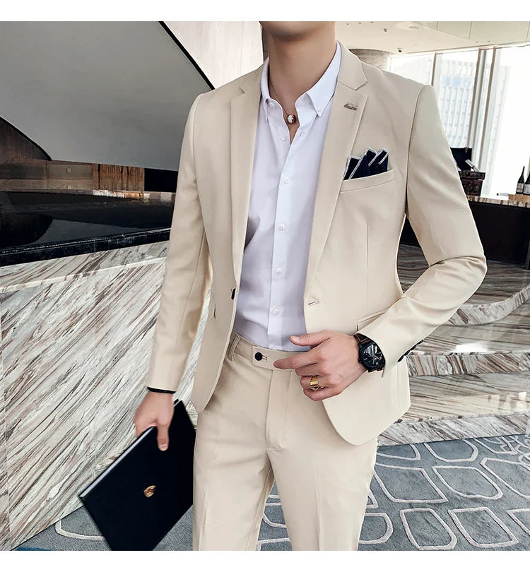 S-7XL Jacket + Pants / Luxurious High -end Brand Solid Color Men's Casual Business Slim Suit Two -piece Suit Groom Wedding Suit