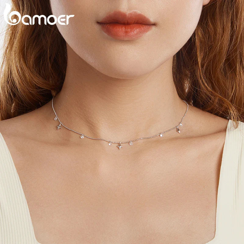 Genuine 925 Sterling Silver Dainty Starry Sky Tassel Necklace for Women, Cute Star Necklaces Christmas Jewel BSN414