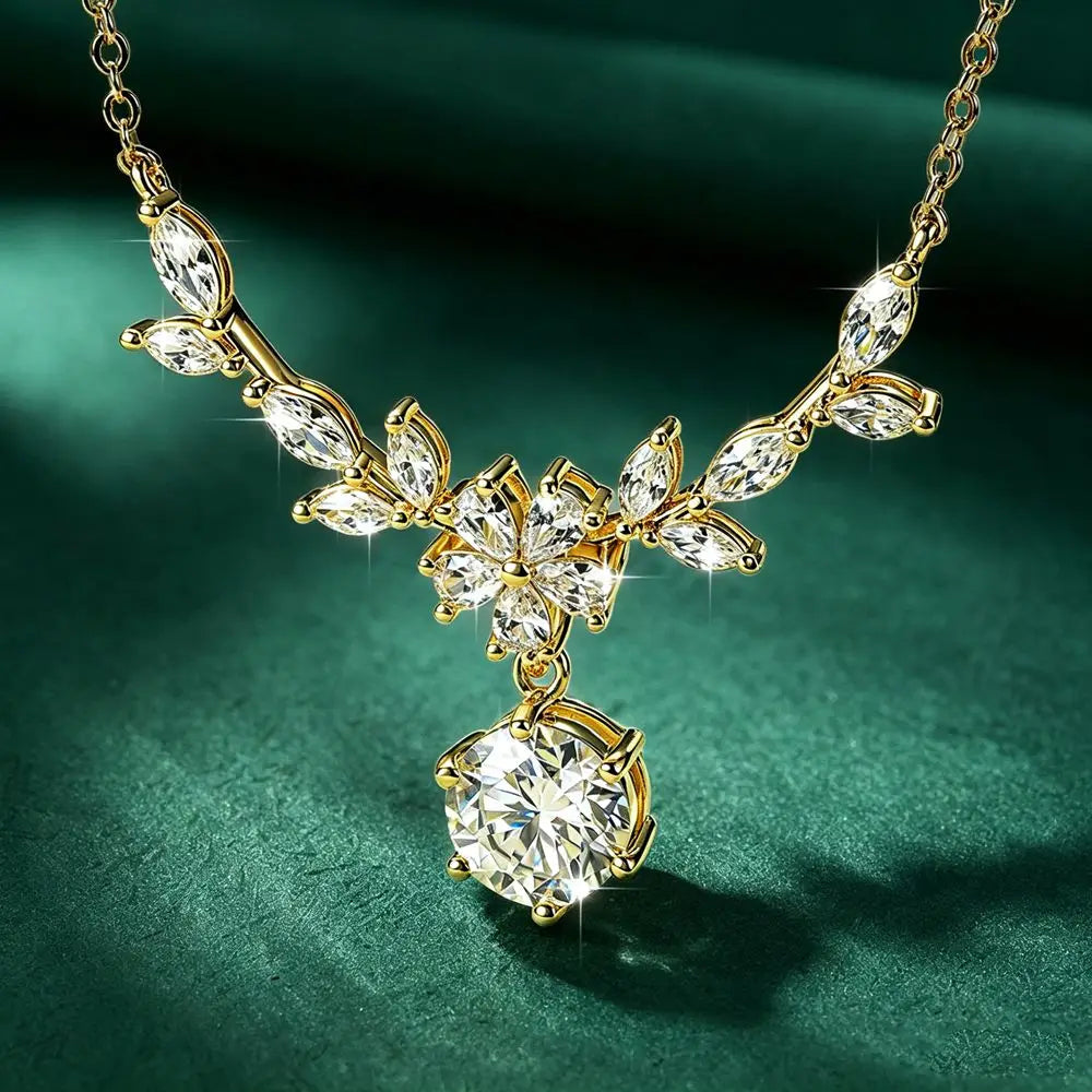 Sparkling 8MM Moissanite Necklace 14K Gold Filled Floral-Style Pendant Necklaces for Women CWedding Jewelry Gift