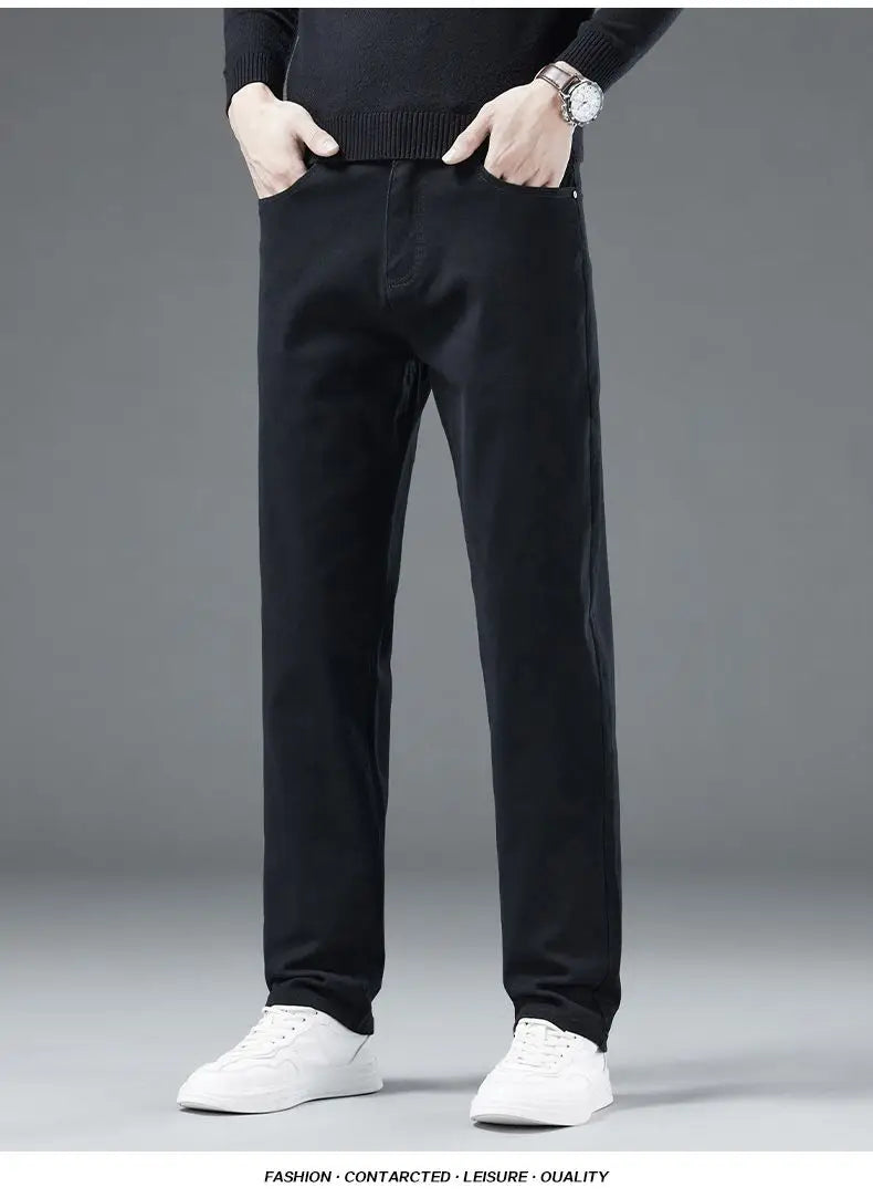 2026 Autumn Winter New Trendy Classic Jeans Male Solid Color Washed Straight Denim Pants Wide Leg Business Casual Stretchy Jeans