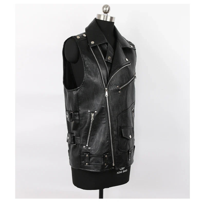 Autumn Black Motorcycle Pu Leather Vest Men Zipper Pockets Plus Size Faux Leather Biker Sleeveless Jacket 4xl 5xl
