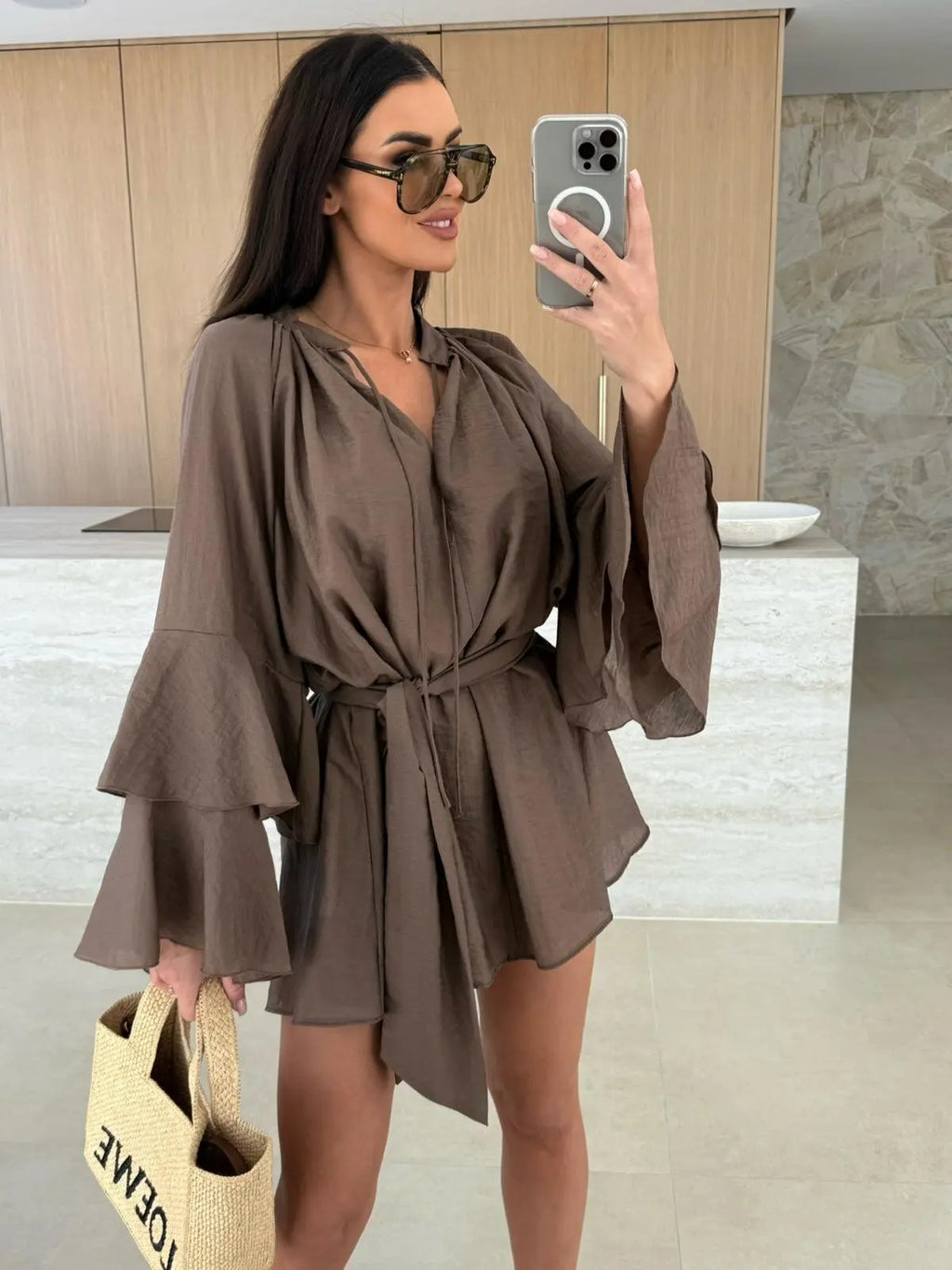 2026 Autumn Ruffle Loose Mini Dress Casual Flare Sleeve Holiday Dresses Sexy Deep V-neck Lace Up Solid Women's Dress Vestidos