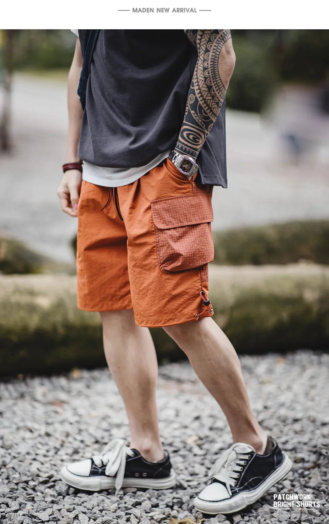 Summer Men Straight Shorts Orange Patchwork Gingham Loose Beach Pants Plus Size Shorts Elastic Waist Light Breathable