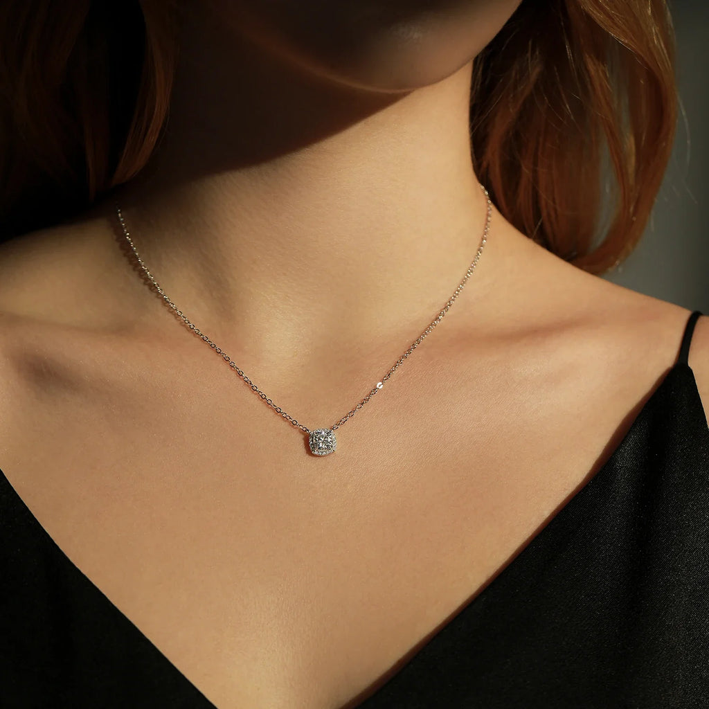 1 Carat Square Cushion Cut Halo Moissanite Pendant Necklace For Women 925 Sterling Silver Dazzling Wedding Bridal Jewelry