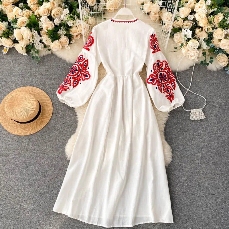 Embroidered Flower Long Sve Loose Fit Lantern Sve Gathered Slimming A-Line Dr Women's round Ne Dr