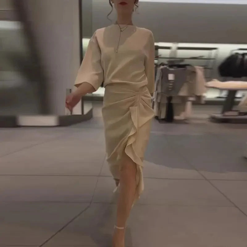 Women's Dress New Pleated Slit Midi Dress Spring Sexy Elegant Women's Long Dress