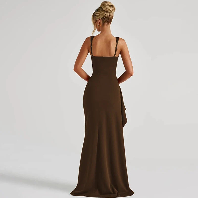 Women Elegant Solid Straps Slit Ruched Patchwork Sexy Bodycon Maxi Dress Summer Outfits Evening Party Birthday Festival