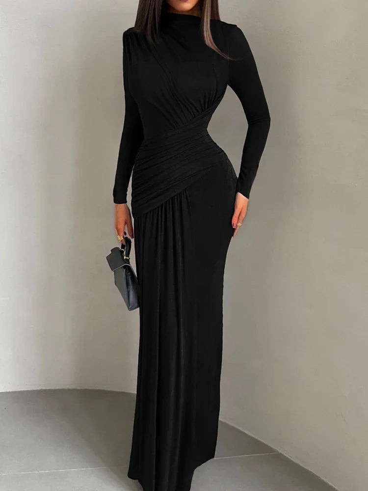 Sisterlinda Folds Maxi Dress Women O-Neck Full Sleeve Solid Banquet Elegant Vacation Fashion Autumn Skinny Casual Simple Vestido