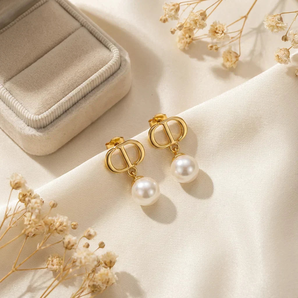 Gold-Tone Double-Loop Pearl Drop Earrings for Women - Elegant Dangle Jewelry for Wedding, Office & Daily Wear | Hypoallerge