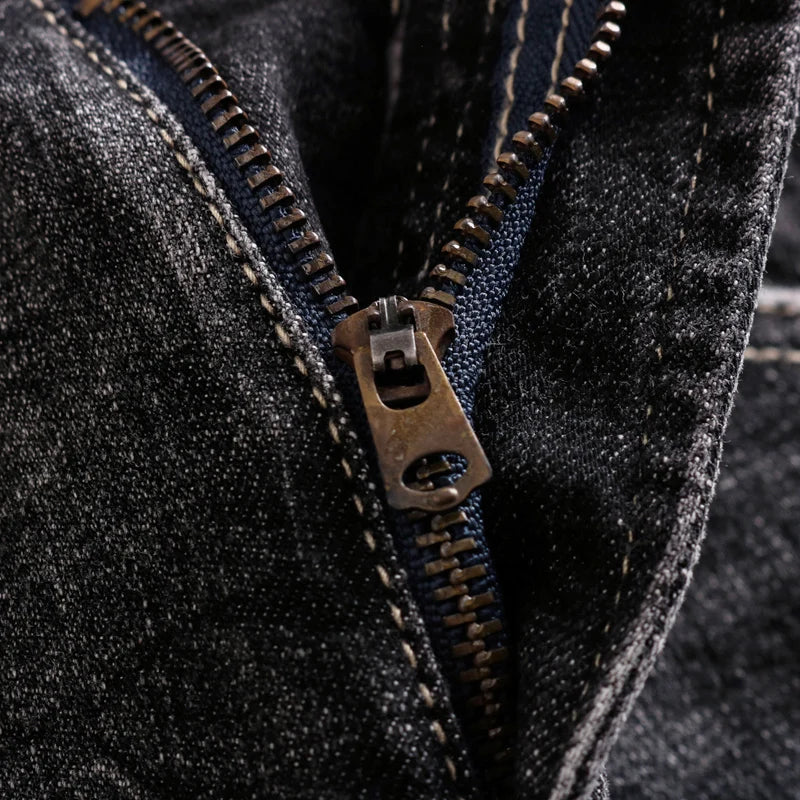 Men Jeans Retro Black Gray Elastic Slim Fit Ripped Jeans