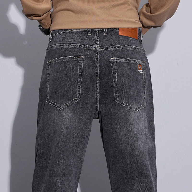 New Men's Micro Elastic Wide Leg Jeans American Retro Versatile Loose Fit Long Pants for All Seasons
