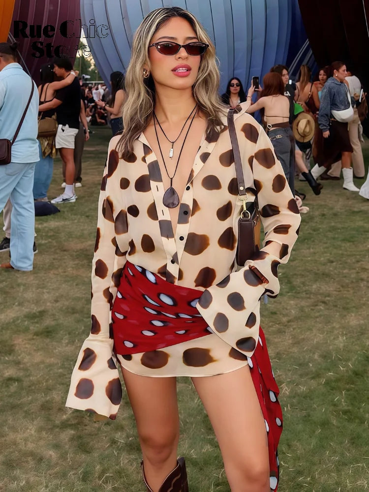 Print V-neck Lace Up Casual Dress Women Chic Thin Mesh Polka Dot Flared Sleeves Patchwork Slim Fit Dresses Lady Daily Vestidos