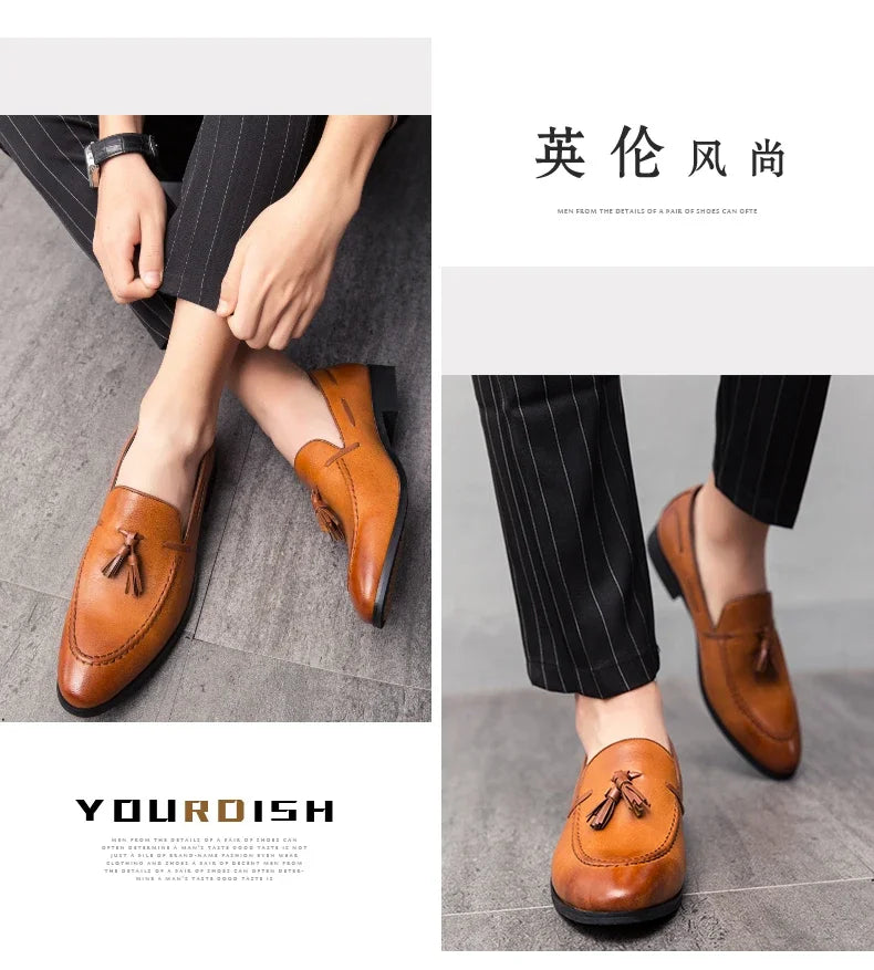 2025 New Men Leather Shoes Pointed Toe Formal Dress Shoes Slip On Men Loafer Tassel Shoe Zapatos Hombre