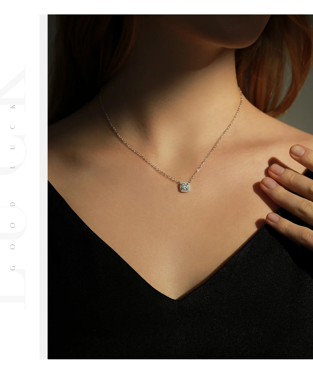 1 Carat Square Cushion Cut Halo Moissanite Pendant Necklace For Women 925 Sterling Silver Dazzling Wedding Bridal Jewelry
