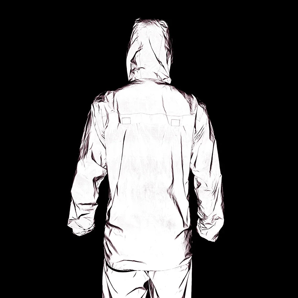 Full Reflective Jacket with Hoodie High Visibility Waterproof Wind Breaker Men Women Hiking Cycling Running Safety Vest