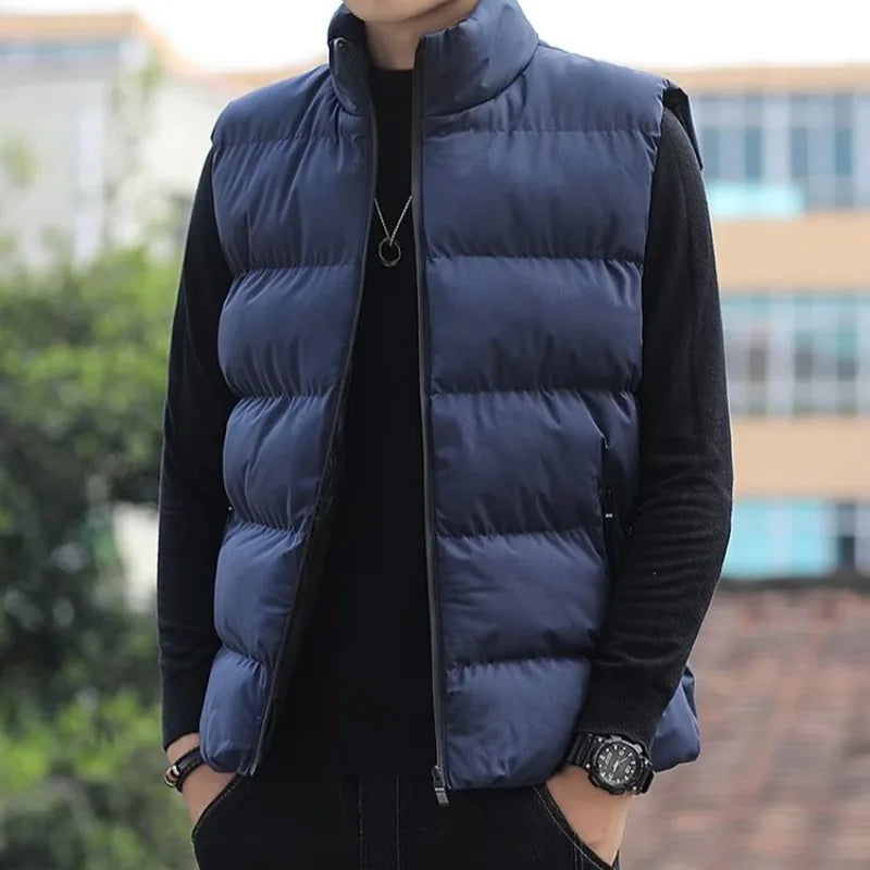 Men's down Vest Thickened Casual Style Stand Collar Jacket Autumn Winter New Fashion Youth Active Fit Zipper Pocket Daily Wear