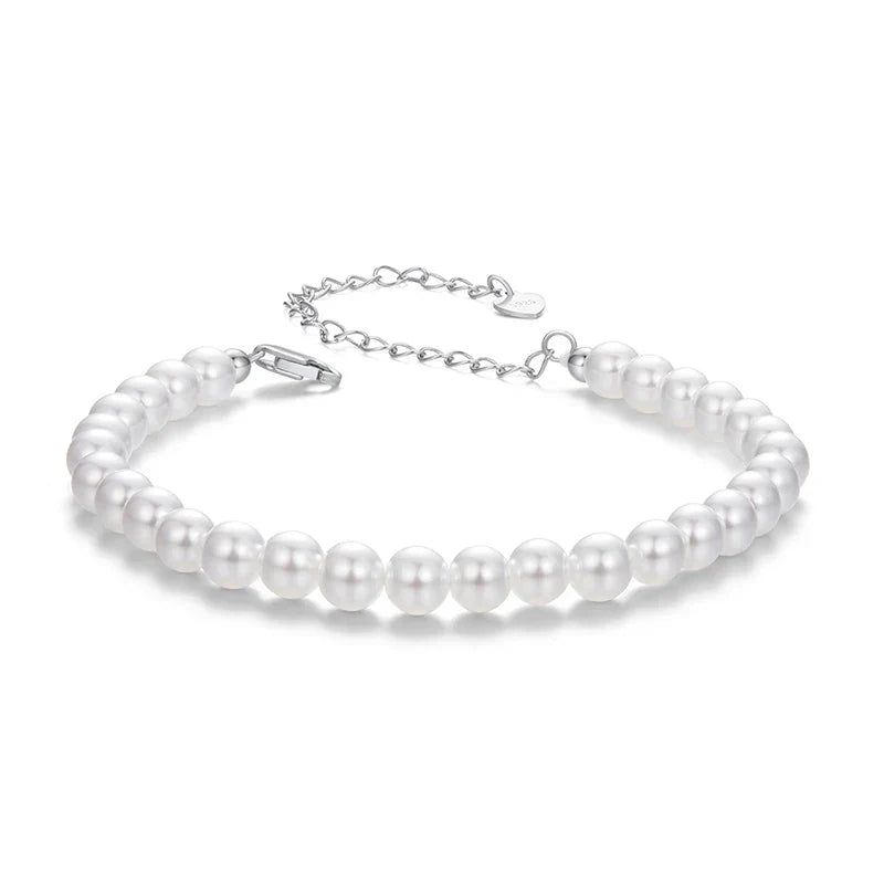 White Pearl Bracelets for Women, 925 Silver Adjustable Clasp Chain Faux Pearl Beaded Bracelets Bridal Wedding Jewelry