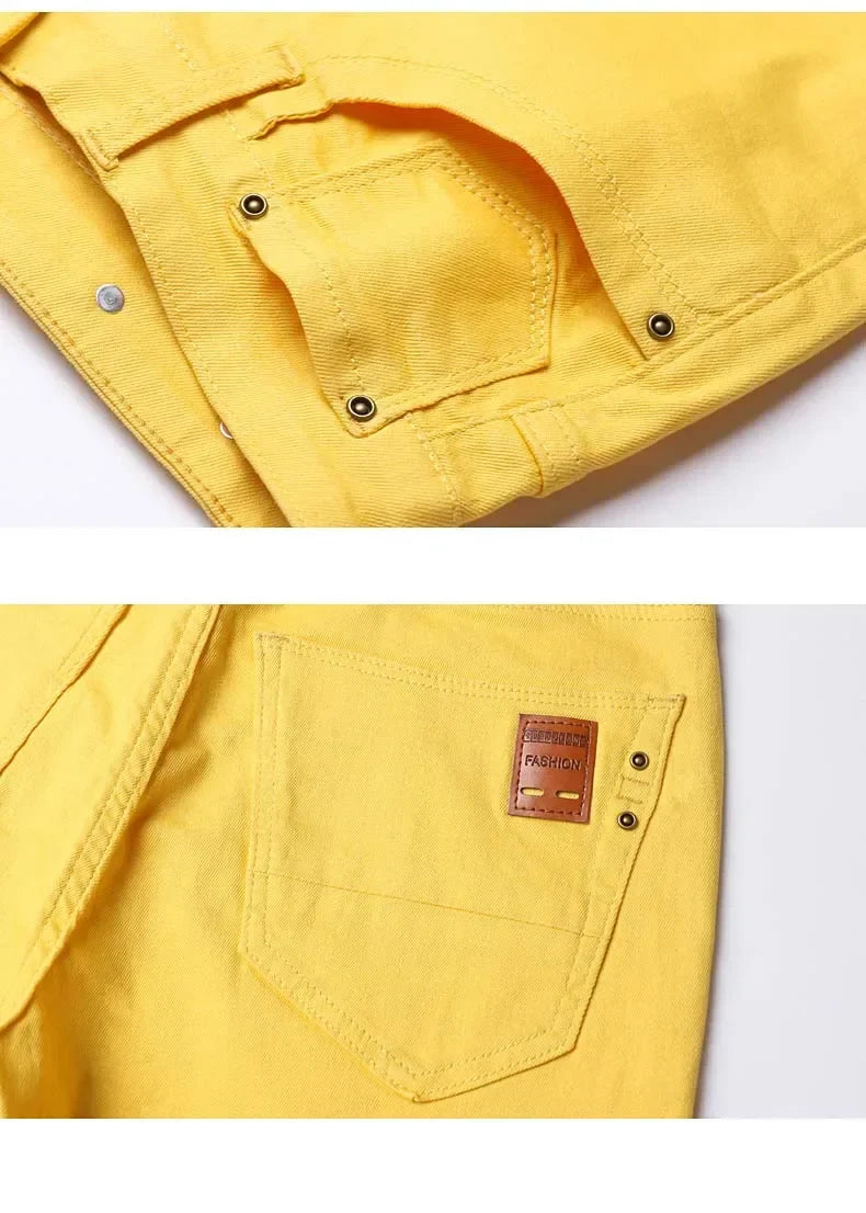 2024 Autumn New Men's Stretch Fit Jeans Bright Trendy Denim Straight-leg Trousers Male Red Lake Blue Yellow Trousers