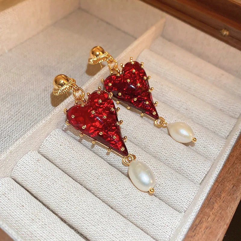 Charming Red Color Resin Love Heart Dangle Earrings for Women Baroque Freshwater Pearl Long Earring Wedding Party Jewelry