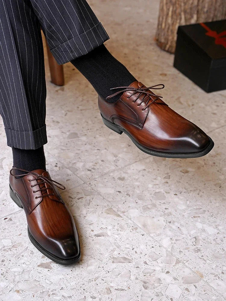 Italian Flat Mens Dress Shoes Luxury Genuine Leather Brand Handmade Quality Square Toe Laces Up New Business Party Social Shoes