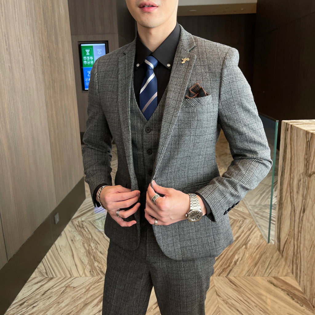 British Modified Plaid Three-Piece Suit for Men - Stylish Business Casual Suit Vest And Trousers Set
