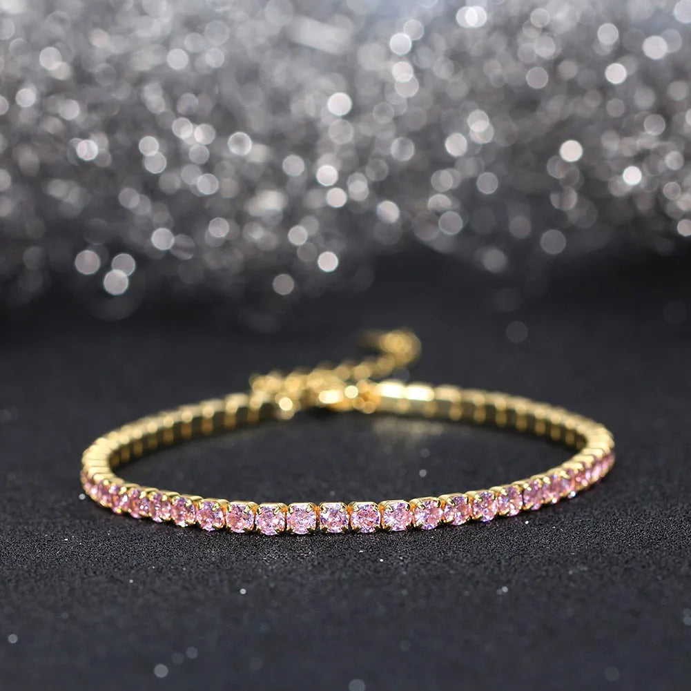 Fashion 3mm Bezel Setting Colorful 4A Cubic Zirconia Tennis 925 Sterling Silver Adjustable Bracelet for Women SB192