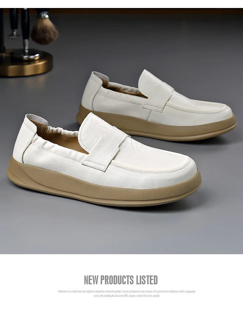Spring Summer New Genuine Leather Shoes Men Solid Color Fashion Loafers Male Soft Sole Anti-slip Height-increasing Loafers Man