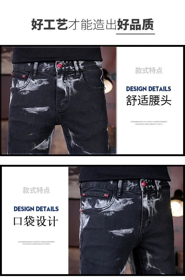 Spring and Autumn New Fashion Trend Retro Printed Straight Leg Elastic Jeans For Men's Casual Sports Comfort High-Quality Jeans